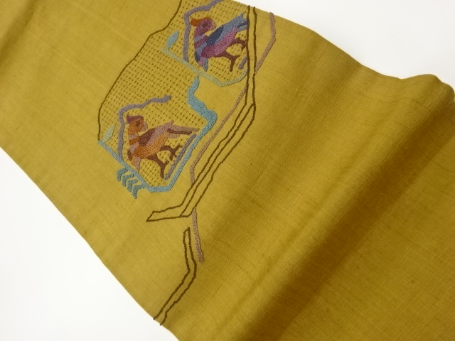 手織り紬汕頭相良刺繍抽象鳥模様名古屋帯